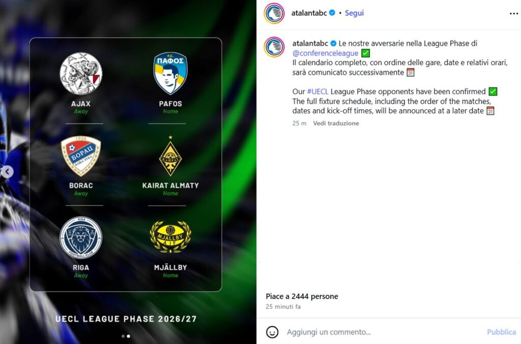 L’Atalanta in Conference League pesca l’Ajax: ecco tutte le sei avversarie di Sarri Le avversarie dell'Atalanta